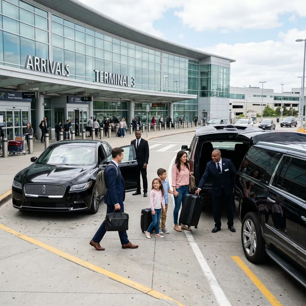 Airport Limo Service Toronto with chauffeur helping passengers and luggage at airport terminal