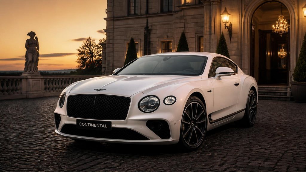 White Bentley Continental parked on a cobblestone courtyard at dusk