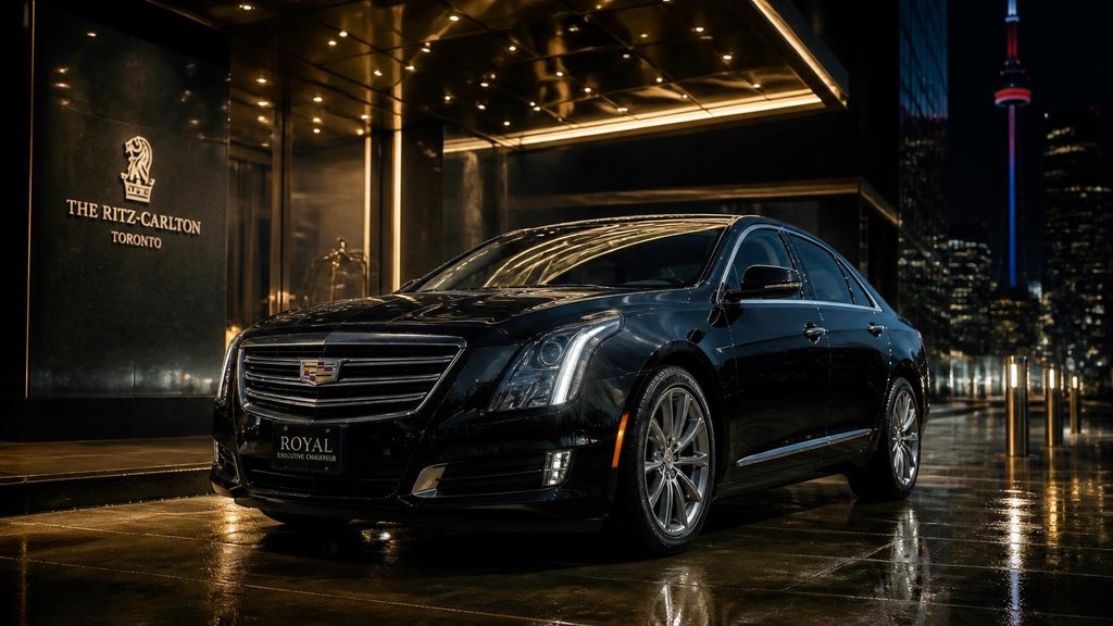 Black Cadillac XTS executive sedan waiting outside a Toronto hotel at night