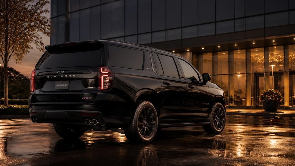 Black Chevrolet Suburban RST SUV outside a corporate glass building at dusk