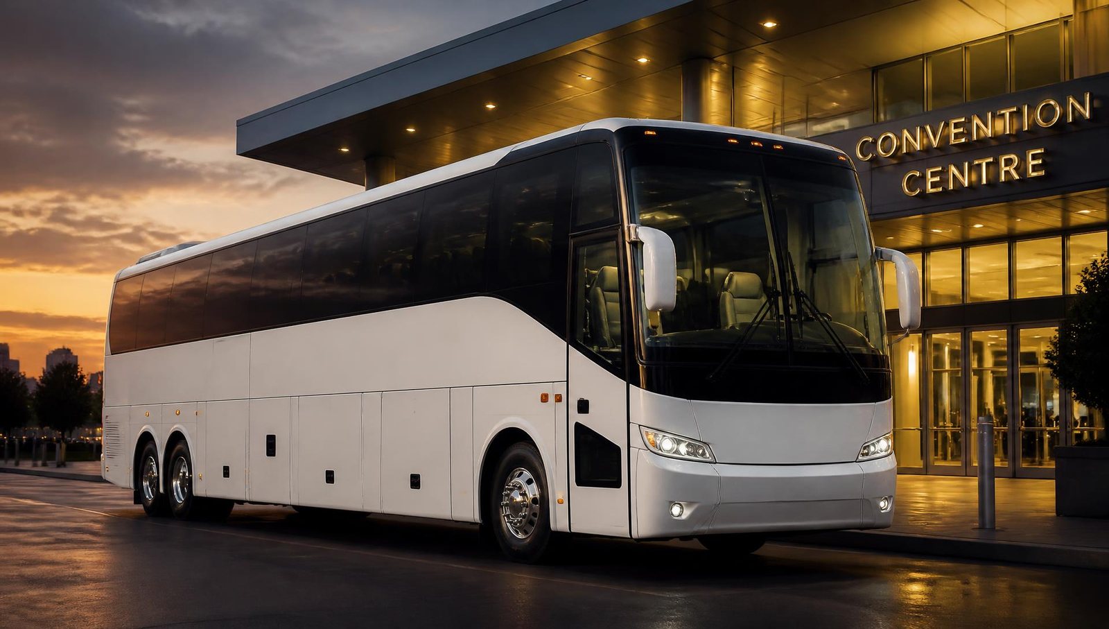 White 50-passenger luxury motor coach outside a convention centre at dusk