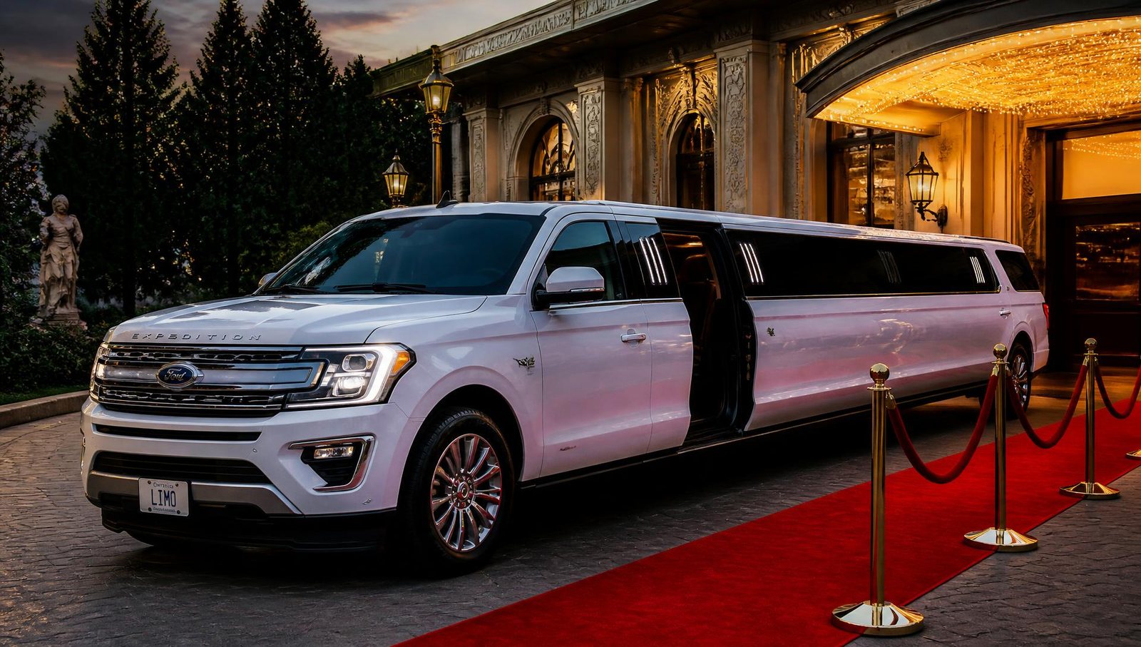 White Ford Expedition stretch limousine with a red carpet outside a banquet hall