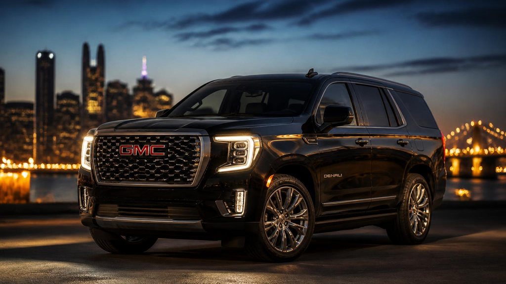 Black GMC Yukon Denali SUV at blue hour with the city skyline behind