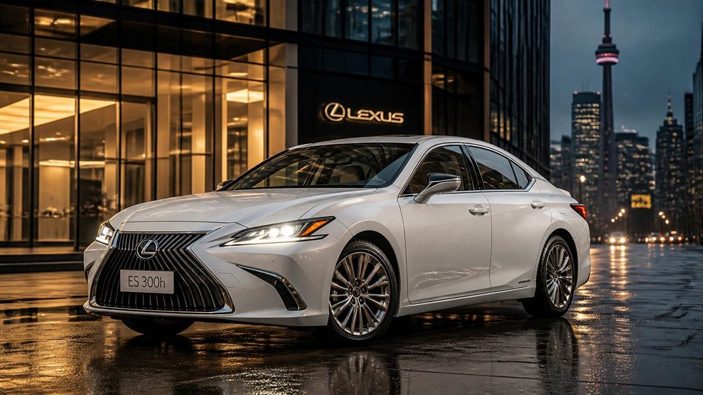White Lexus ES 300h executive sedan at dusk in downtown Toronto