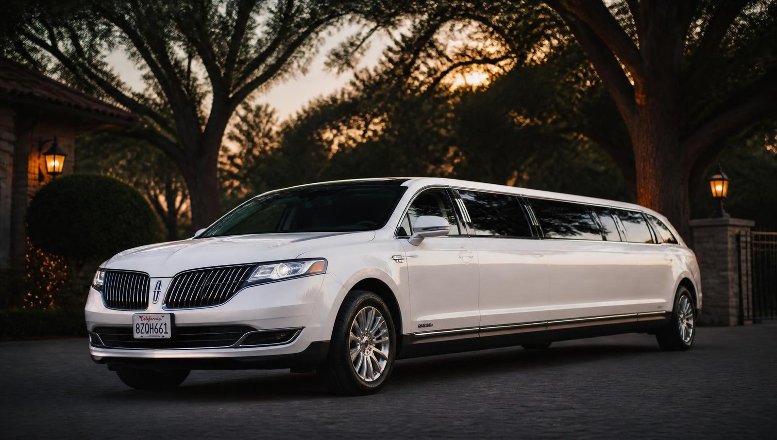 White Lincoln MKT stretch limousine on a tree-lined driveway at dusk