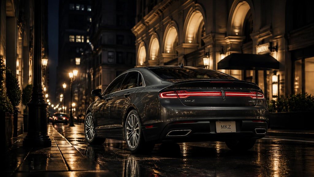 Dark grey Lincoln MKZ luxury sedan on a lit city street at night