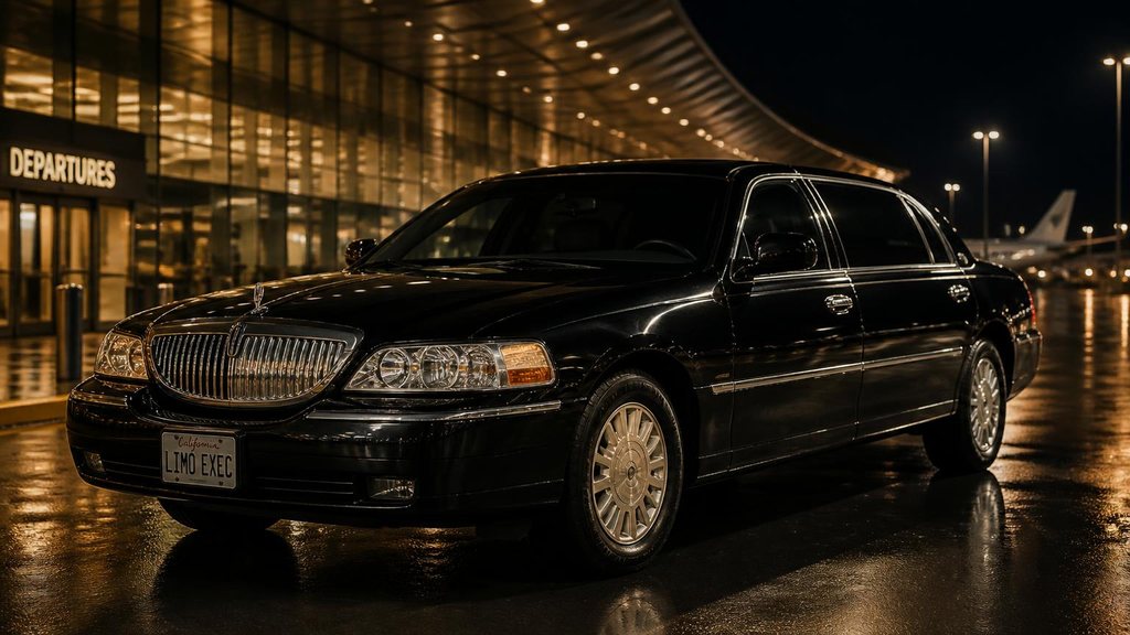 Black Lincoln Town Car chauffeur sedan at an airport terminal at night