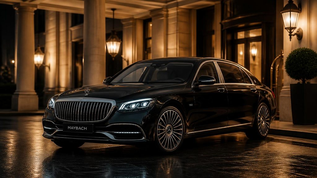 Black Mercedes-Maybach sedan under a grand hotel portico at night