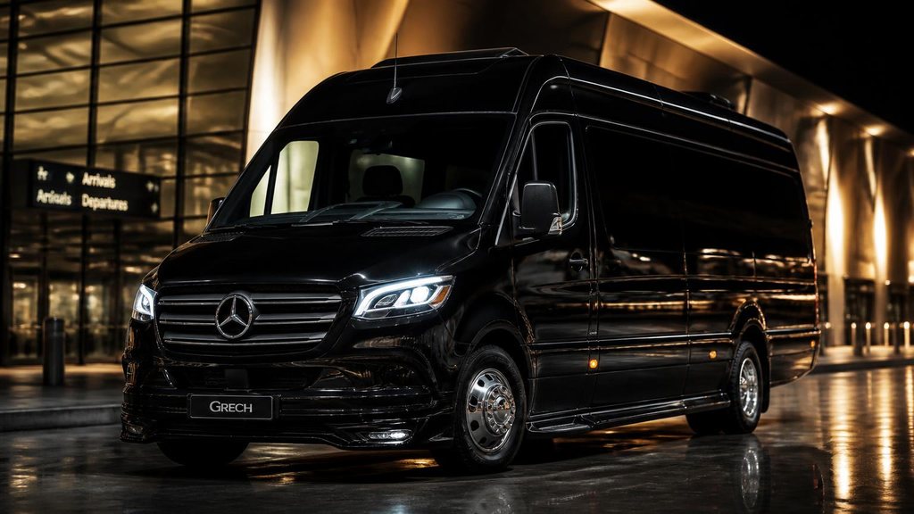 Black Mercedes-Benz Sprinter executive van at an airport terminal at night