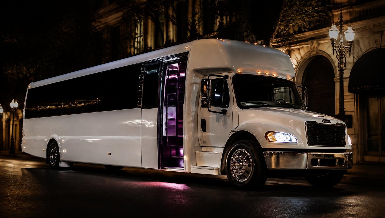 White party limo bus at night with purple lighting spilling from the open door