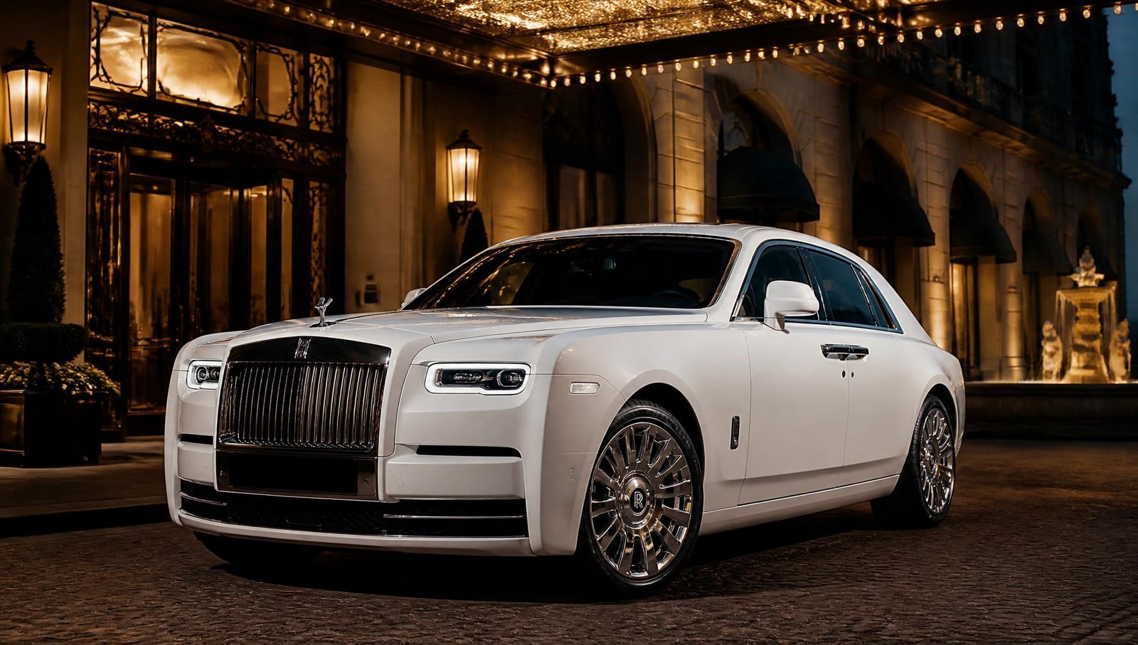 White Rolls-Royce Ghost waiting under a hotel entrance canopy at dusk