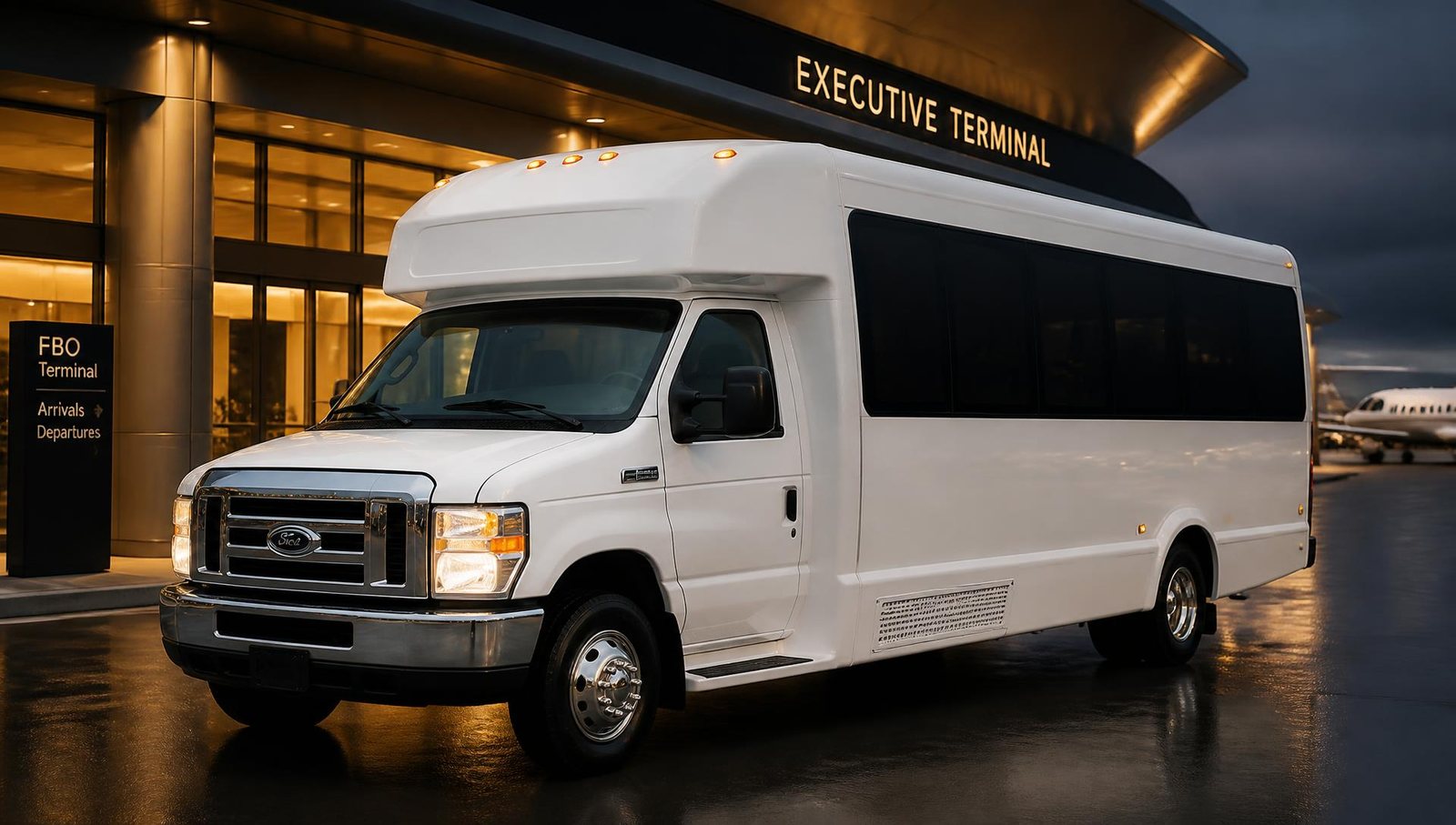 White executive shuttle bus at an airport terminal at dusk