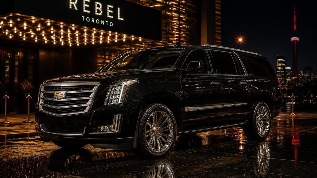 Black Cadillac Escalade ESV premium SUV outside a Toronto venue at night